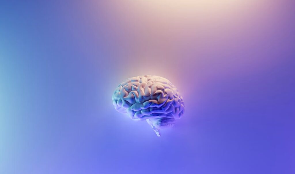 Human brain glowing in the middle of a purple and blue background