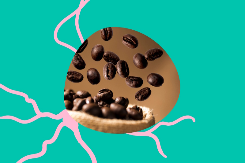 Photo of coffee beans coming out of a sack in the middle of a pink and green design