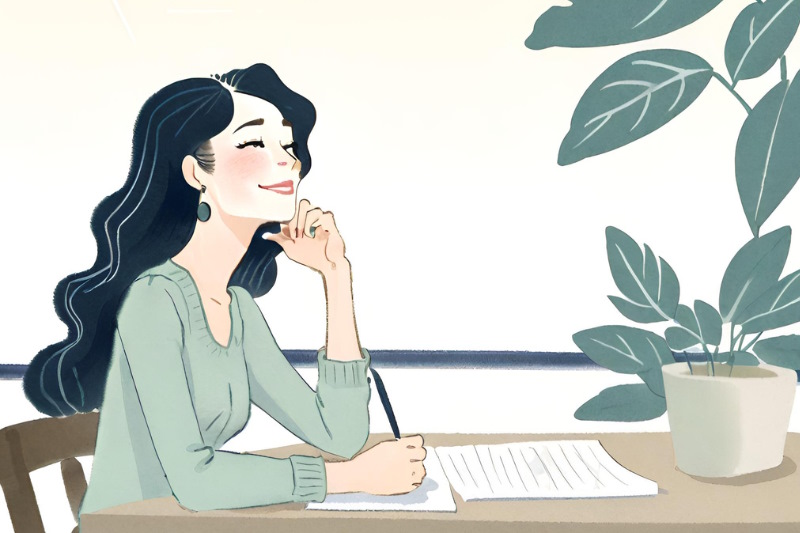 illustration of smiling woman with dark hair wearing a green jumper sitting at a table with a plant on it and writing a list