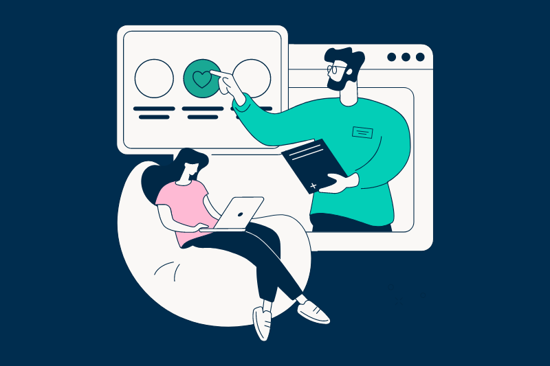 Illustration showing a person sitting in a chair using a laptop and another person reaching out of a screen to press a button on another screen