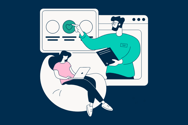 Illustration showing a women sitting in a chair using a laptop and a mean reaching out of a screen to press a button on another screen