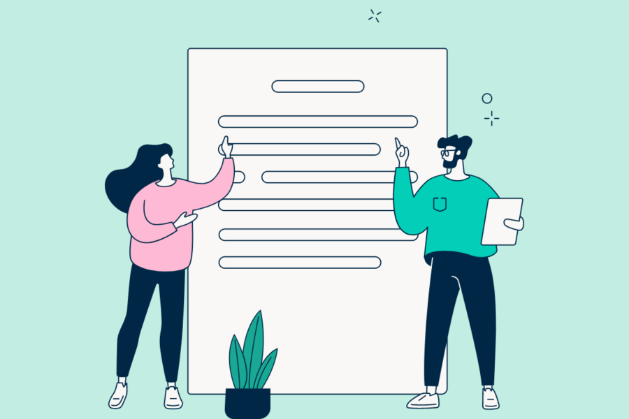Illustration of two people pointing at a large sheet of paper with indistinct writing on it.