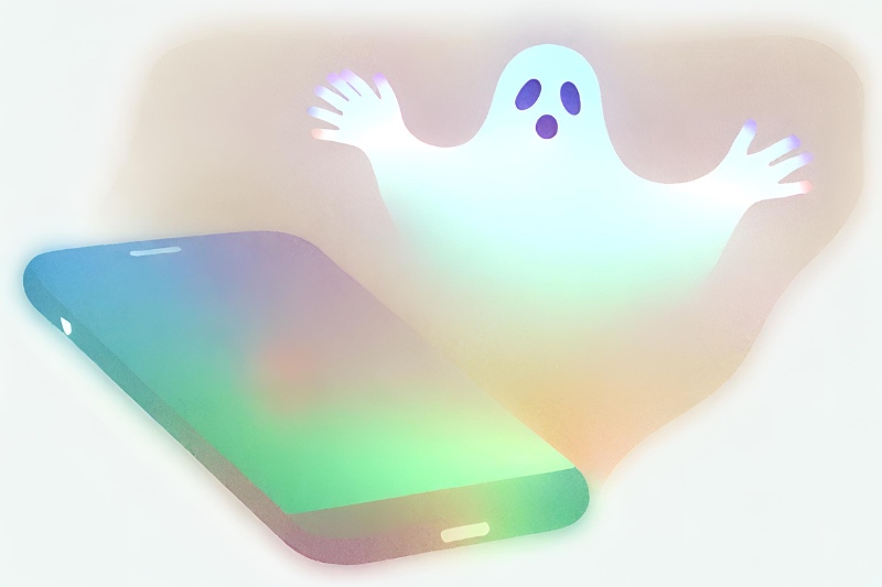 AI generated image of a ghost with arms raised next to a smartphone