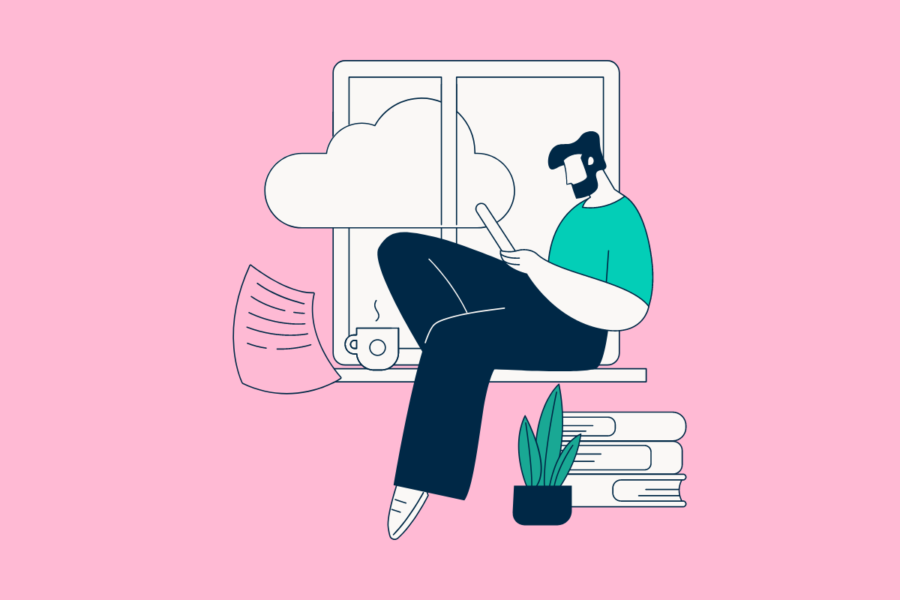 Illustration of a person sitting on a window sill reading from a page or tablet, with a pile of books and a plant by their feet.