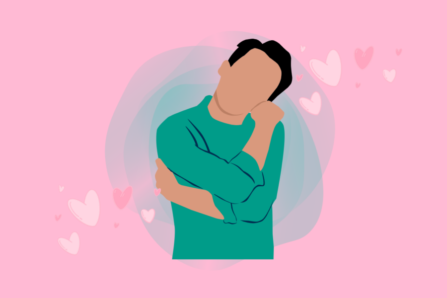 Man hugging himself with hearts on either side of him