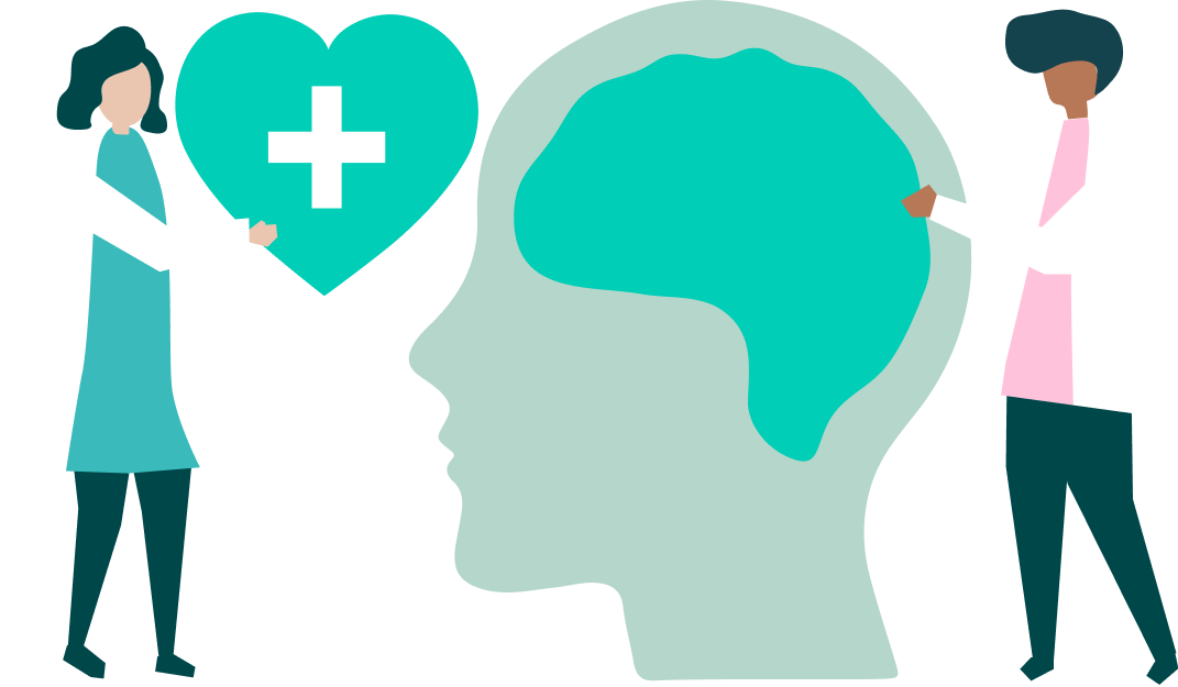 Illustration of two people in lab coats, one touching a depiction of a brain highlighted within a large head and the other holding a heart with a white medical cross symbol in the centre