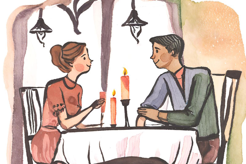 a watercolour style image of a man and a woman sat at a table facing each other. there are candles on the table.
