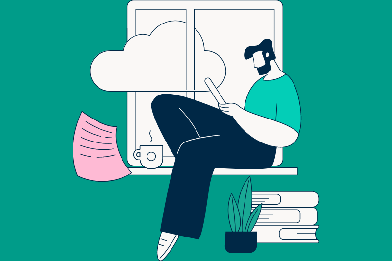Illustration of a man sat on a window sill using a tablet, next to a cup of coffee and a pile of books