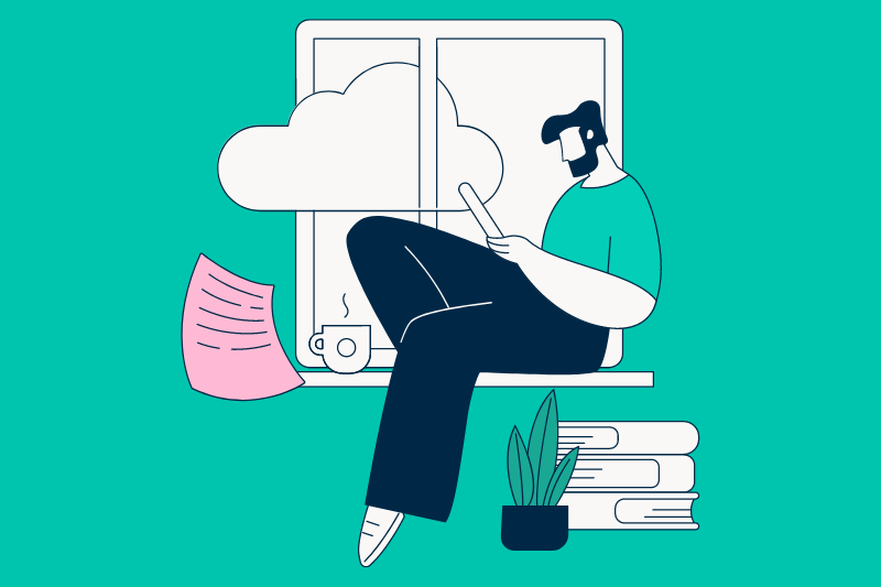Illustration of man sitting on window sill using tablet, next to a cup of coffee and a pile of books