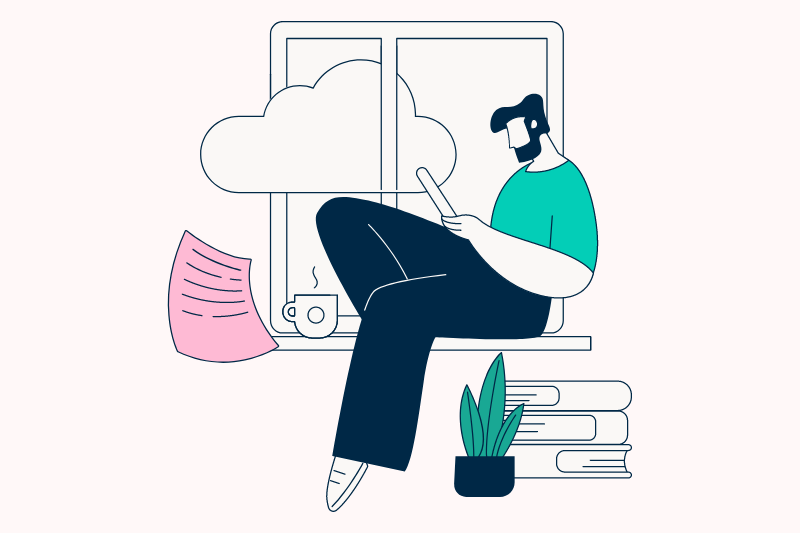 Illustration of man sitting on window sill looking at a tablet, next to a cup of coffee and a pile of books.