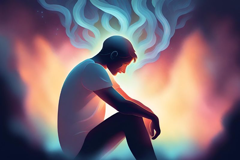 Dreamy style illustration of a person with blue swirls emanating from their head, sat resting their arms on their knees