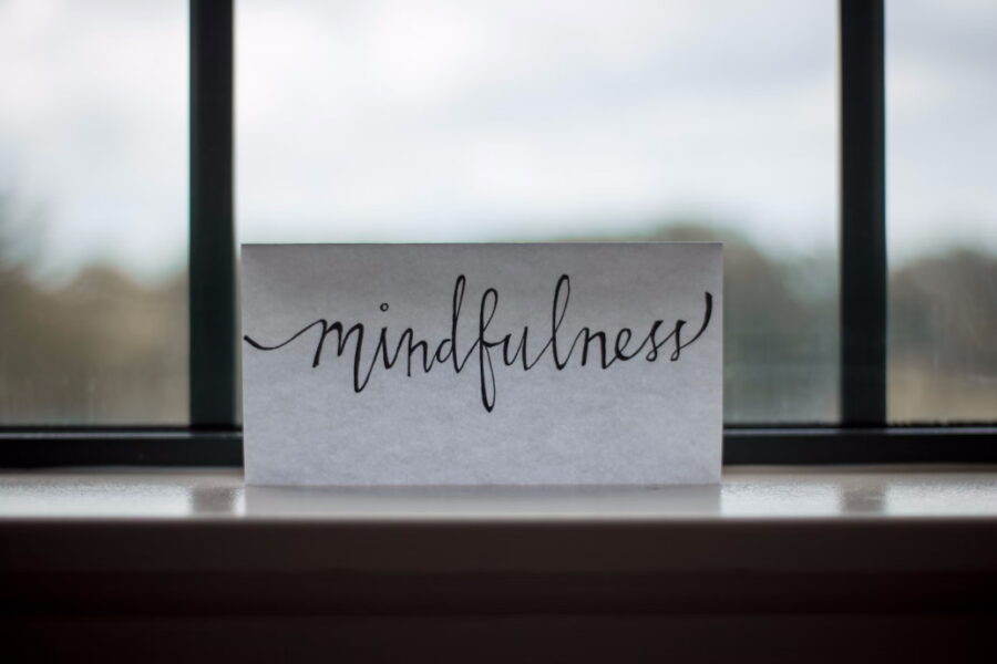 Piece of paper with the word 'mindfulness' written on it places in front of a window