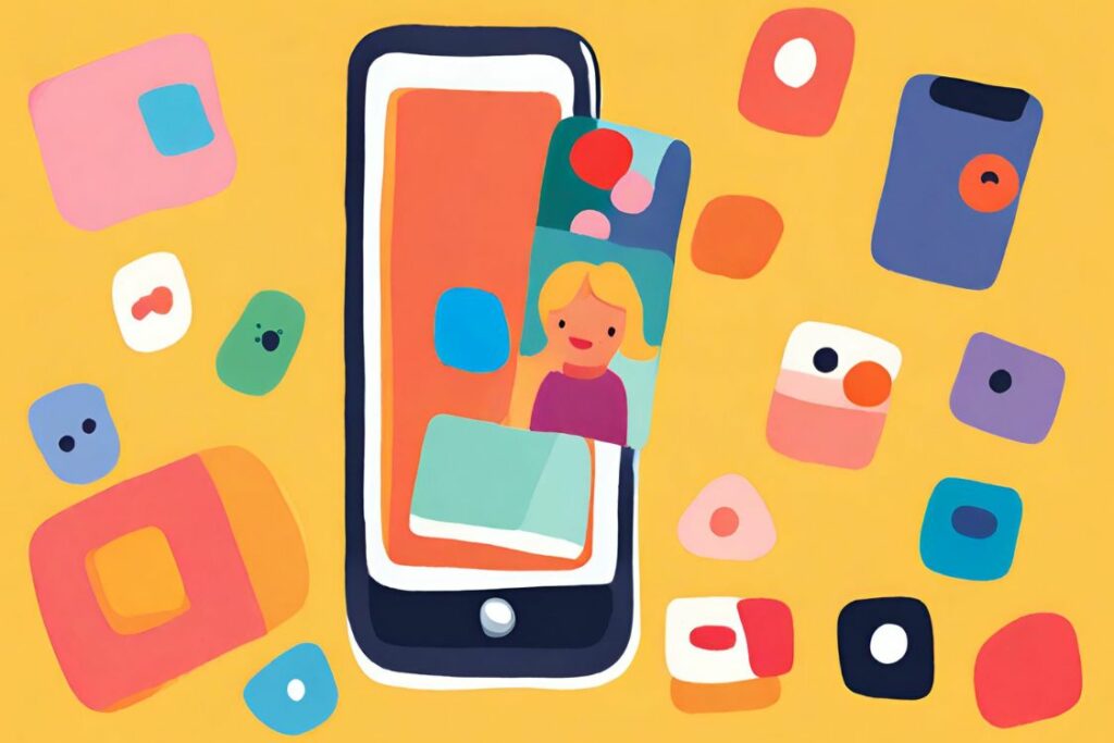 An illustration of a mobile phone with a photo of a smiling person popping out of it, surrounded by coloured blobs