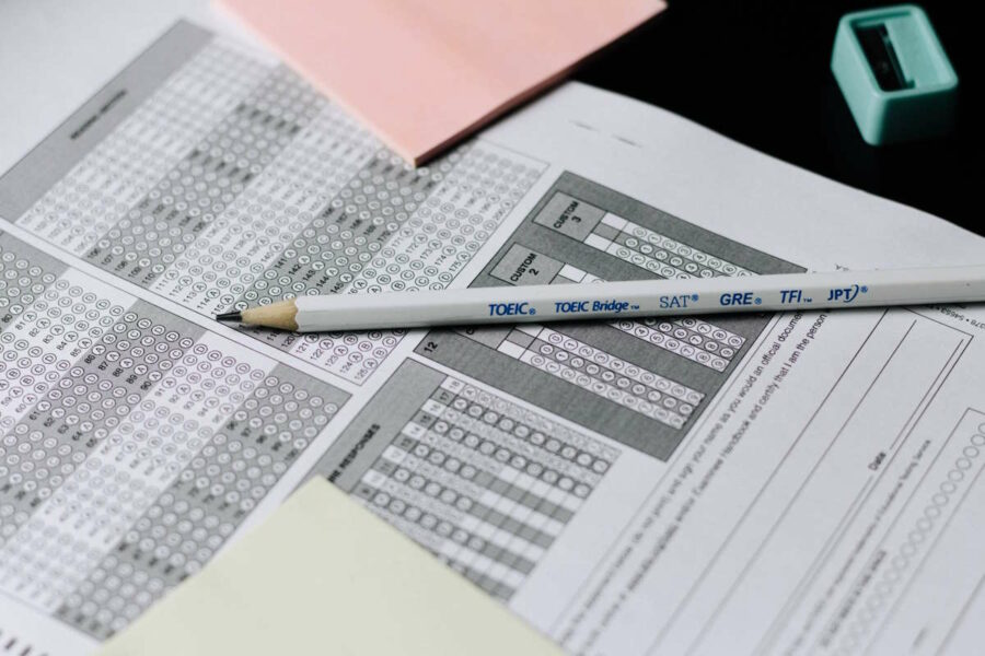 Photo of a multiple choice questionnaire with a pencil resting on top of it