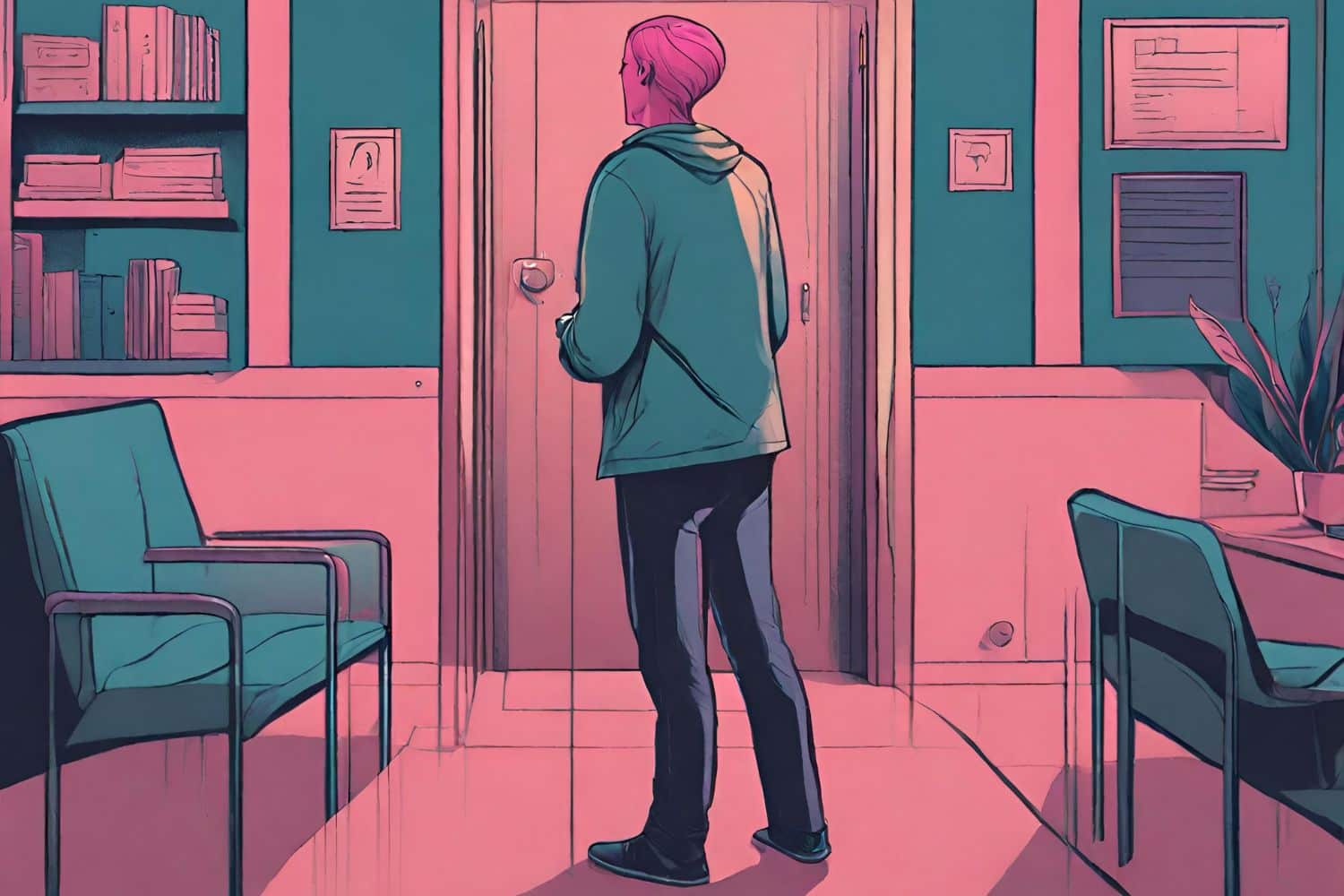 AI-generated concept art of a person stood hesitantly in front of a therapist's door