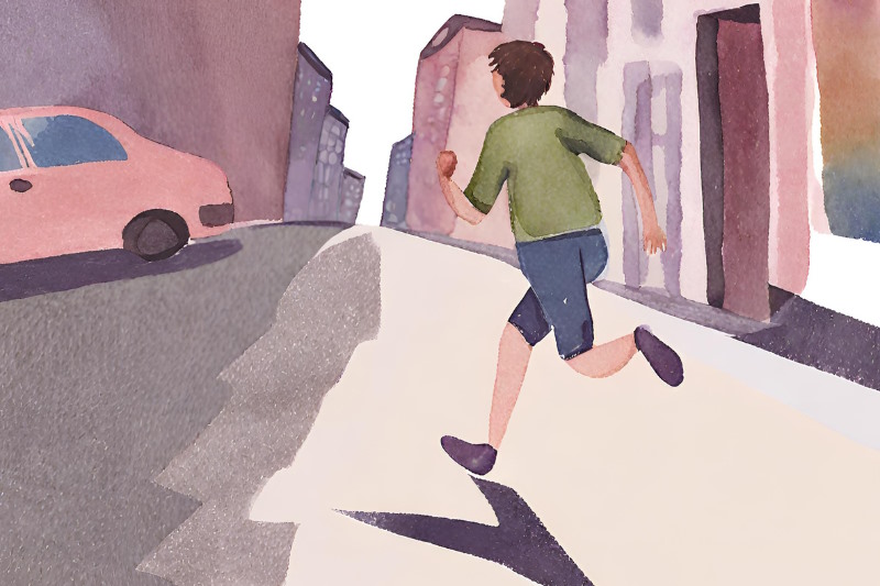 watercolour style image of a person running down a street with a pink car on it and buildings on either side