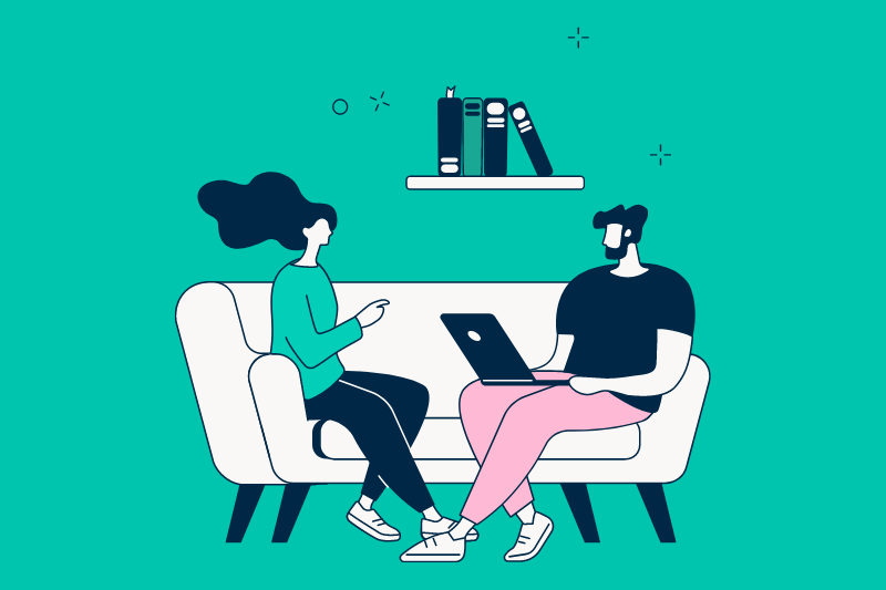Illustration of two people sat opposite one another on a couch, one has a laptop computer and the other is talking.