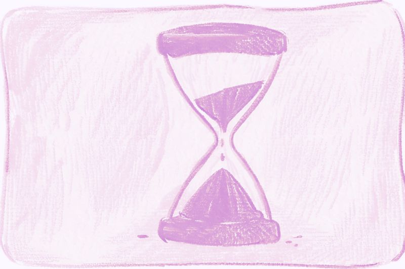 A purple pencil drawing of an hourglass with sand pouring from the top section into the bottom
