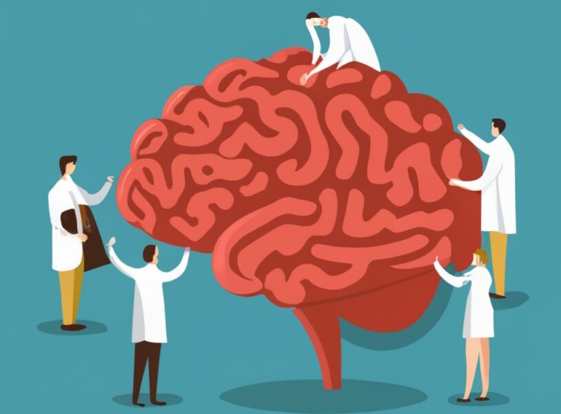 Illustration of 5 scientists in lab coats interacting with a large brain