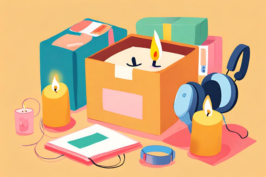 An illustration of a box containing a candle, with candles, other boxes and a pair of headphones surrounding it
