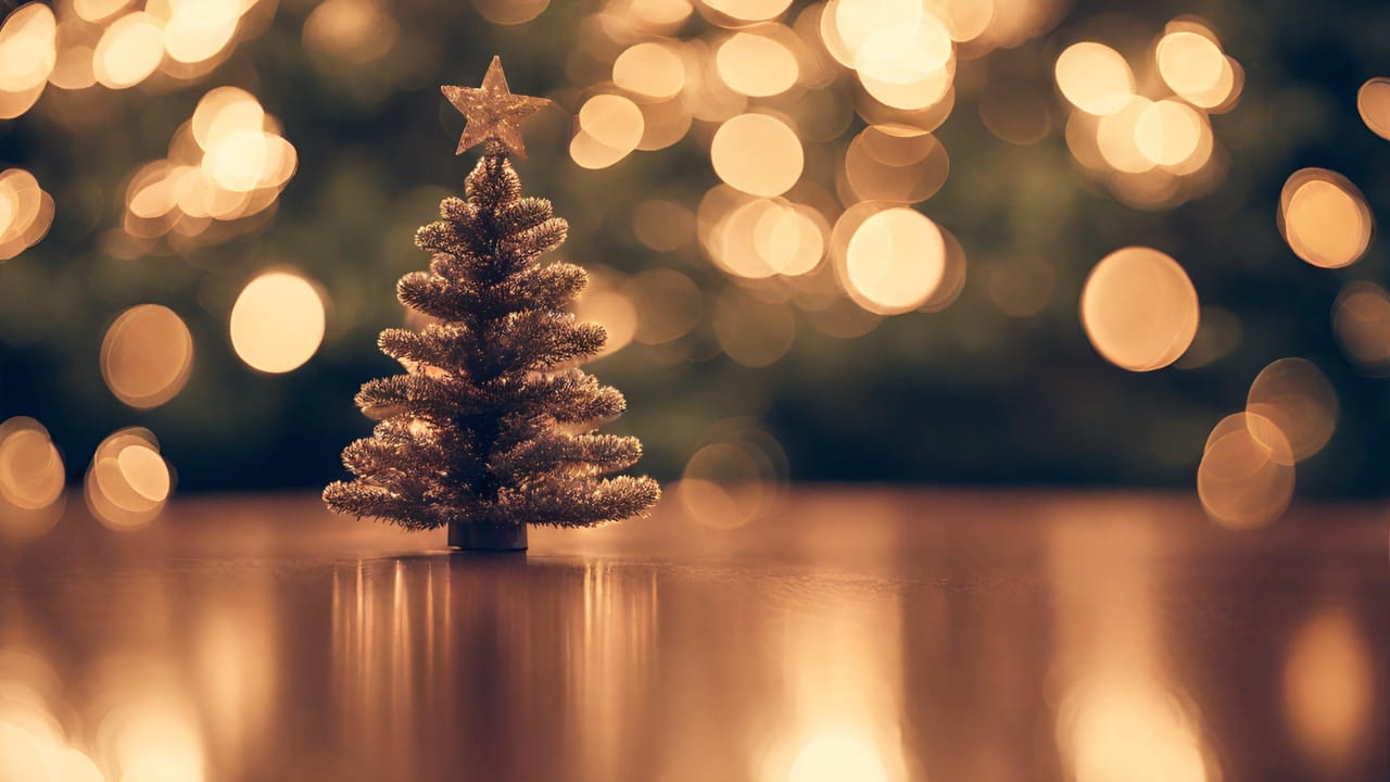 Image of a small Christmas tree against a bokeh background