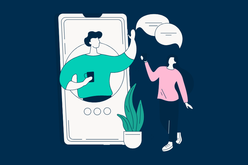 illustration of person within smartphone screen waving to another person walking past the screen
