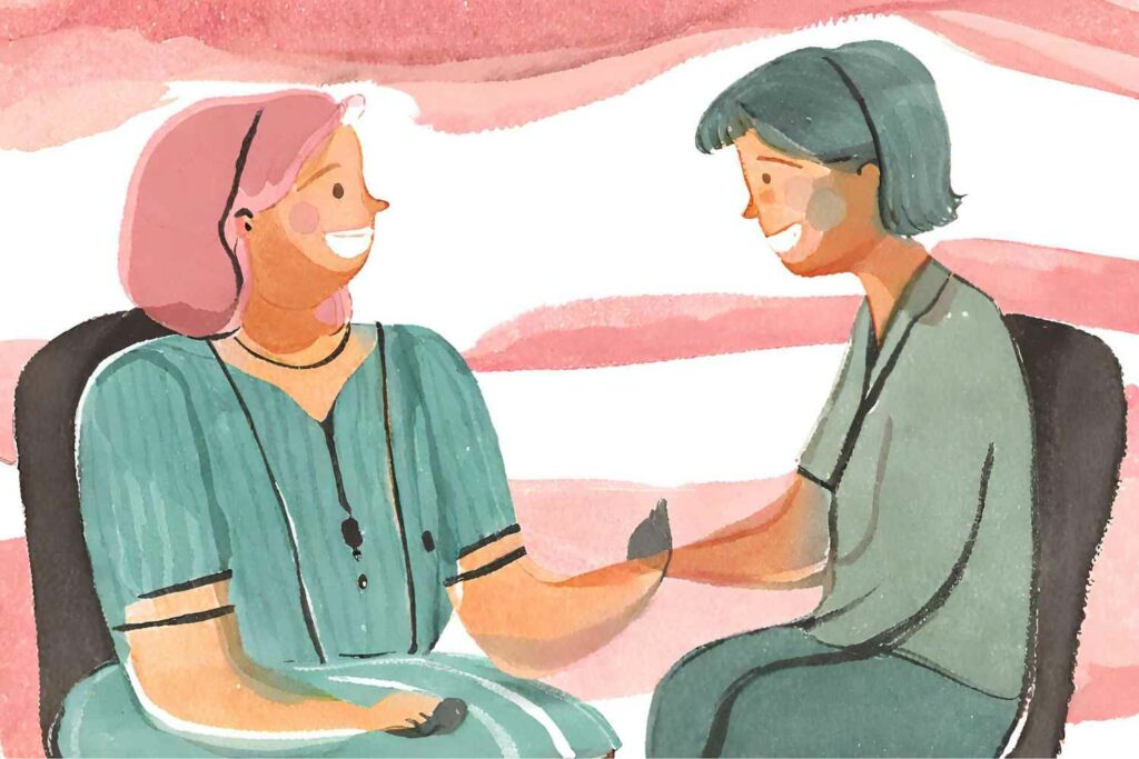 Watercolour image of a person speaking to a therapist