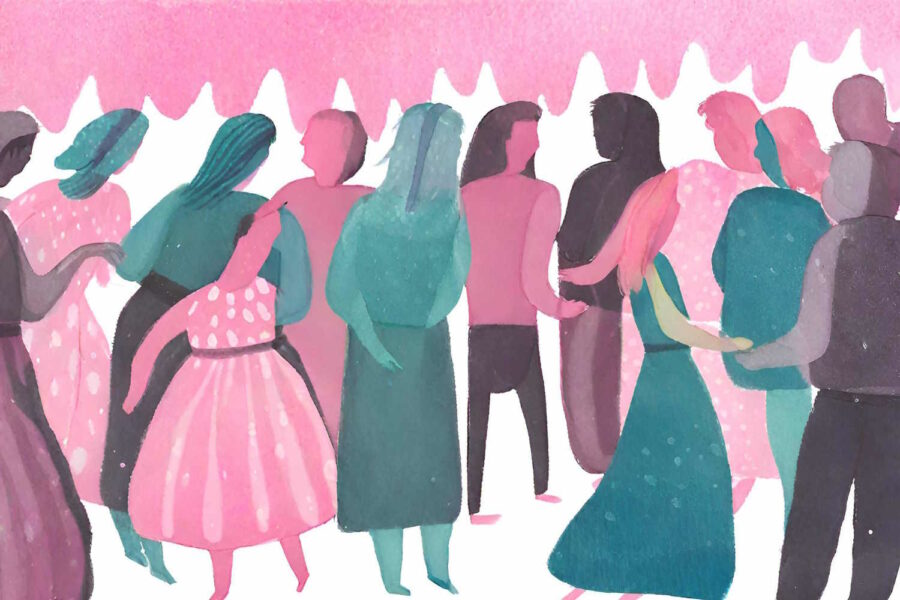 Watercolour image of a party in pink and teal colours
