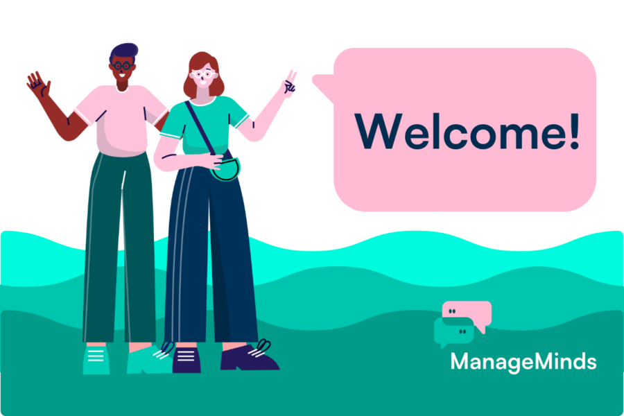 Illustration of two people linking arms and waving, which a large speech bubble next to them containing the word "welcome!"