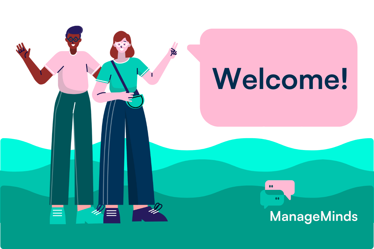 Illustration of two people linking arms and waving, which a large speech bubble next to them containing the word "welcome!"