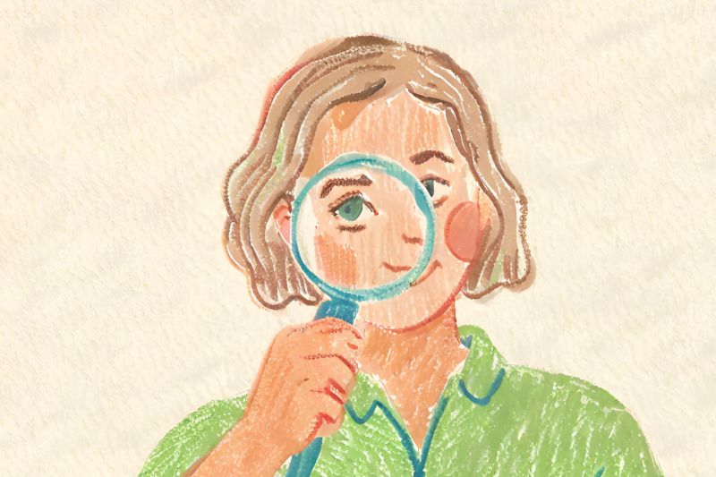 Drawing of a woman in a green shirt looking through a magnifying glass