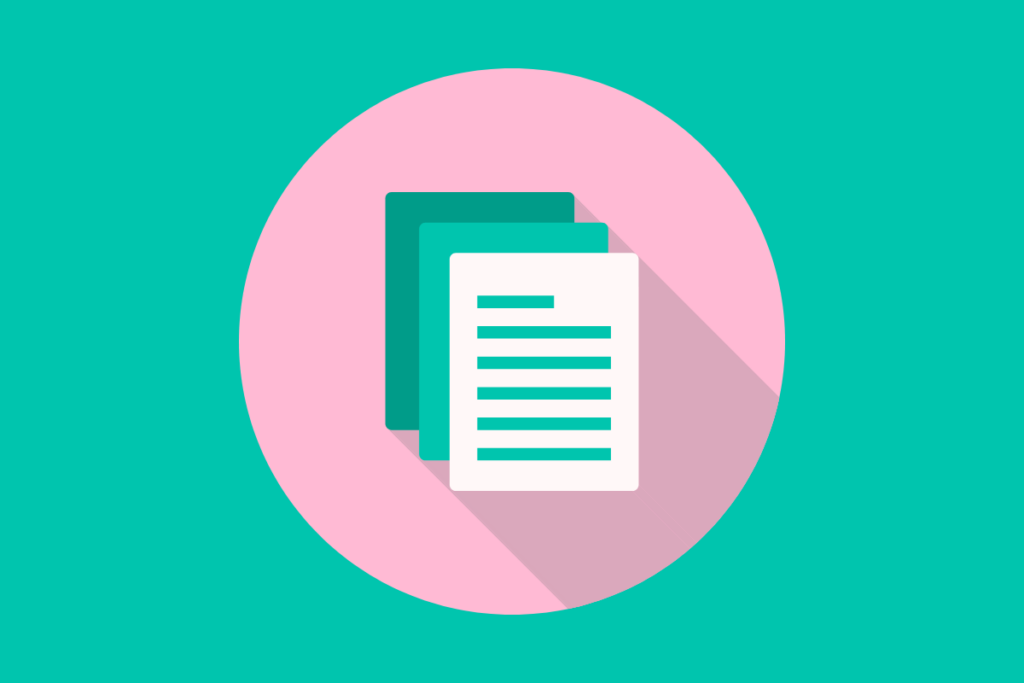 Picture of a stack of worksheets in a pink circle on a green background